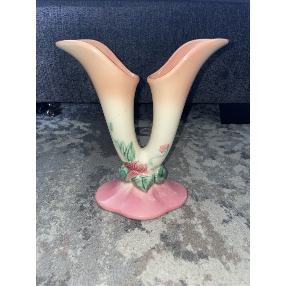 Vintage Hull Pottery W15 Double Vase Woodland Pink Floral 1940s Cottagecore